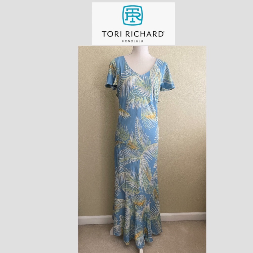 Tori Richard Blue Palm Print Maxi Dress Size: XL